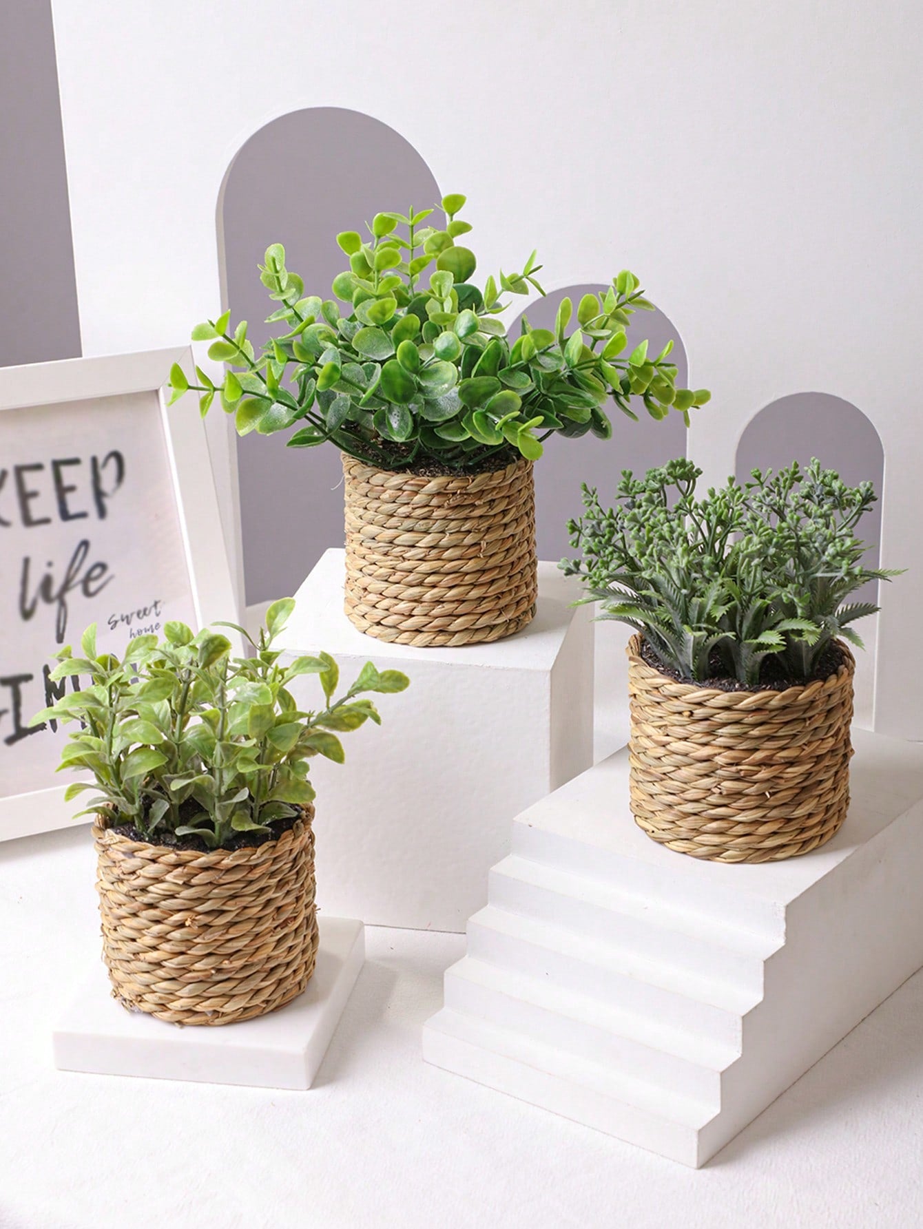 3pcs/Set Wicker Small Potted Plants, Artificial Plant Grass Mounds, Sea Grass Rope, Gifts, Artificial Plants, Grass Mounds, Green, PE Material, Polyester Fibre Material, Handmade, Wedding Season Decorations, Graduation Season Decorations