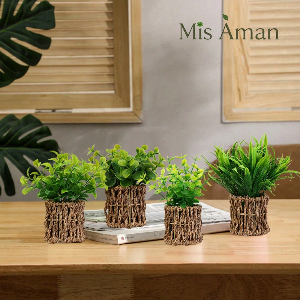 Artificial Plants With Seagrass Handwoven Planters, Farmhouse Indoor Greenery, Plastic Eucalyptus Plants For Home Office Room Shelf Tabletop Desk Decor Or Gift