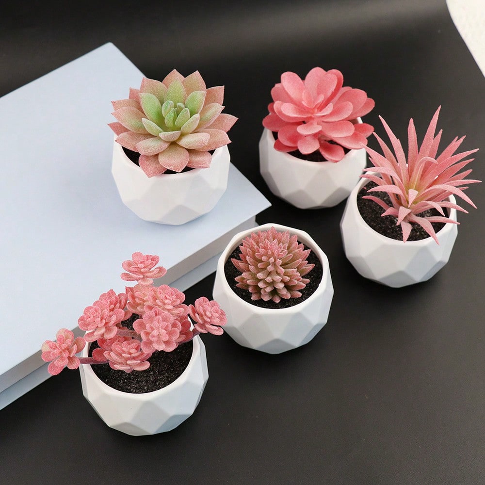Artificial Succulent Plant Set - Artificial Office Desk Plants - Realistic Succulent Plants - Mini Pink Decorations For Bedroom, Bathroom, Office Shelves, Thanksgiving Decorations