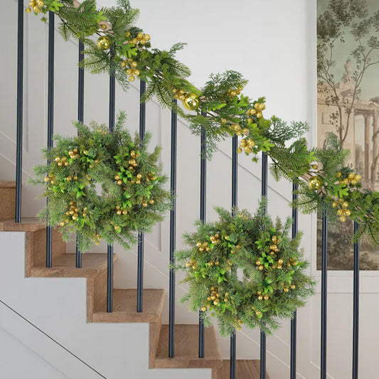 Christmas Wreath & Vine Set, Imitation Frosted Pine Needles with Golden Berries, Suitable for Indoor and Outdoor Fireplace, Door and Wall Holiday Party Decorations