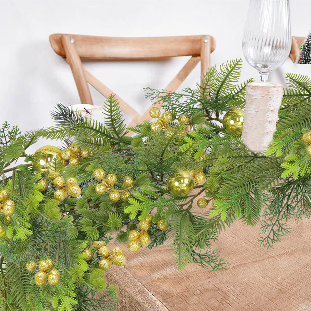 Christmas Wreath & Vine Set, Imitation Frosted Pine Needles with Golden Berries, Suitable for Indoor and Outdoor Fireplace, Door and Wall Holiday Party Decorations