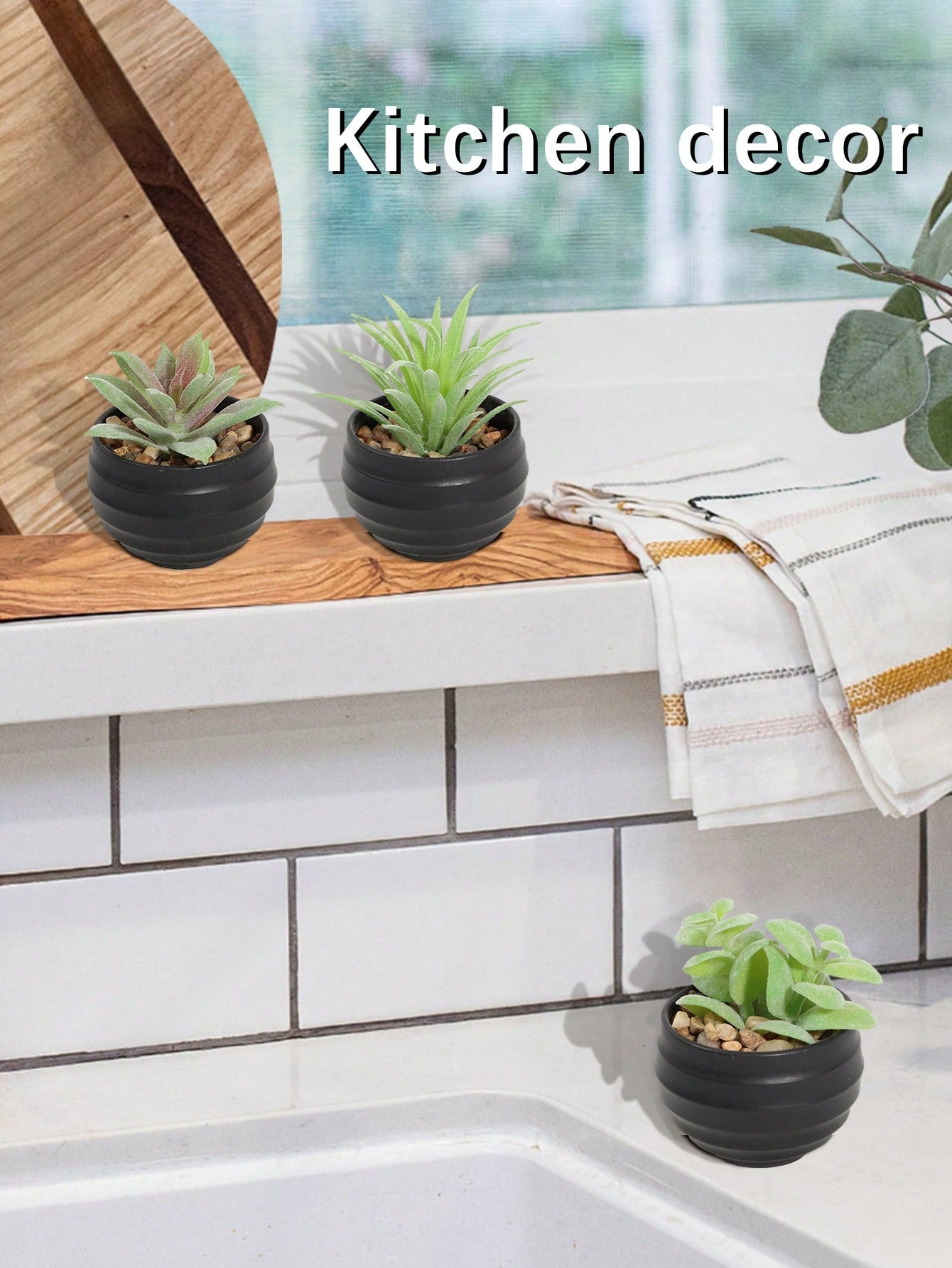 6pcs/Set Artificial Mini Succulents, Green Succulents, White Planter, Black Planter, PE Material, Artificial Plants, Simulated Succulents, Desktop Decoration, Home Decorations, Garden Decorations, School Dormitory Office Decorations