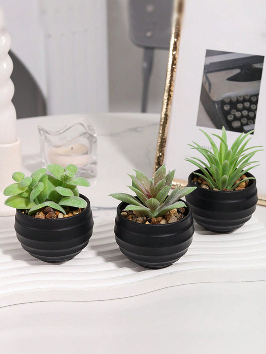 6pcs/Set Artificial Mini Succulents, Green Succulents, White Planter, Black Planter, PE Material, Artificial Plants, Simulated Succulents, Desktop Decoration, Home Decorations, Garden Decorations, School Dormitory Office Decorations