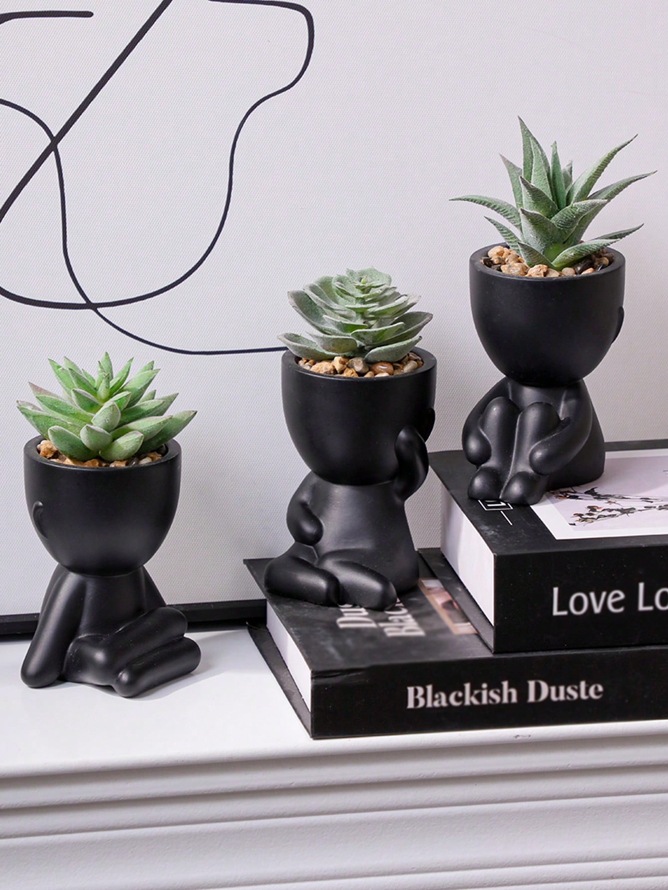1pc/3pcs Artificial Succulent, Single Small Person Succulent Potted Plant, Three Shapes To Choose From, Black Vase, Cartoon Shape, PP Material, PE Material, Green, Table Decoration, Home Decoration, Garden Decoration, School, Dormitory, Office Decorate