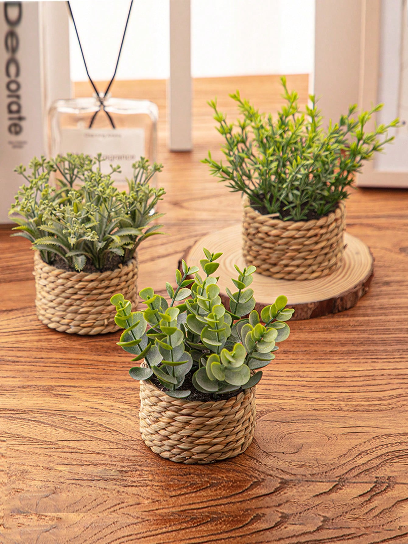 3pcs/Set Wicker Small Potted Plants, Artificial Plant Grass Mounds, Sea Grass Rope, Gifts, Artificial Plants, Grass Mounds, Green, PE Material, Polyester Fibre Material, Handmade, Wedding Season Decorations, Graduation Season Decorations