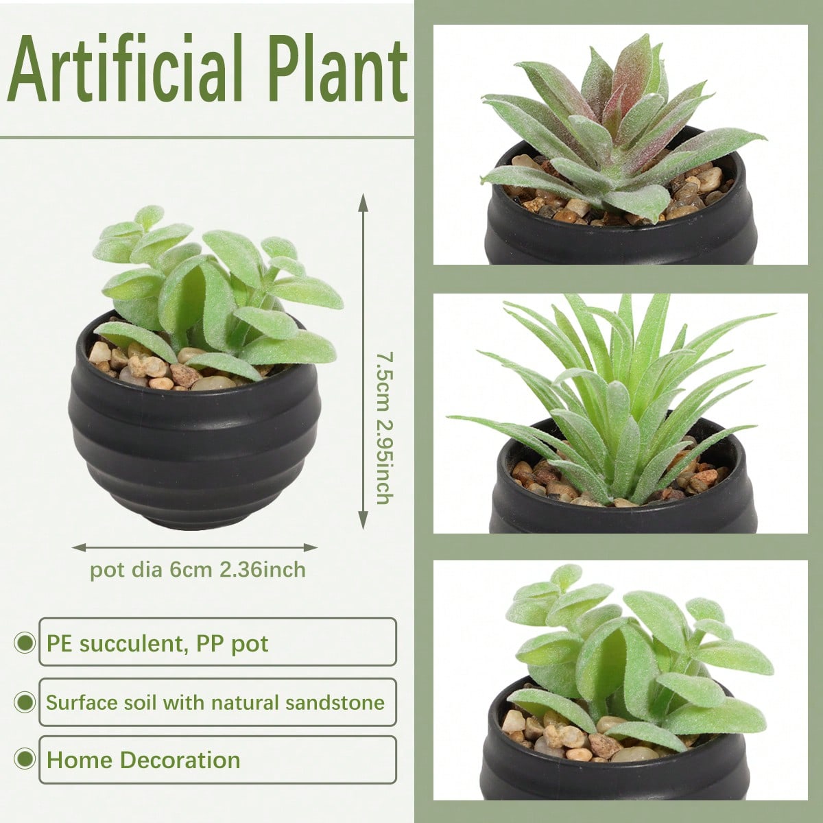 6pcs/Set Artificial Mini Succulents, Green Succulents, White Planter, Black Planter, PE Material, Artificial Plants, Simulated Succulents, Desktop Decoration, Home Decorations, Garden Decorations, School Dormitory Office Decorations
