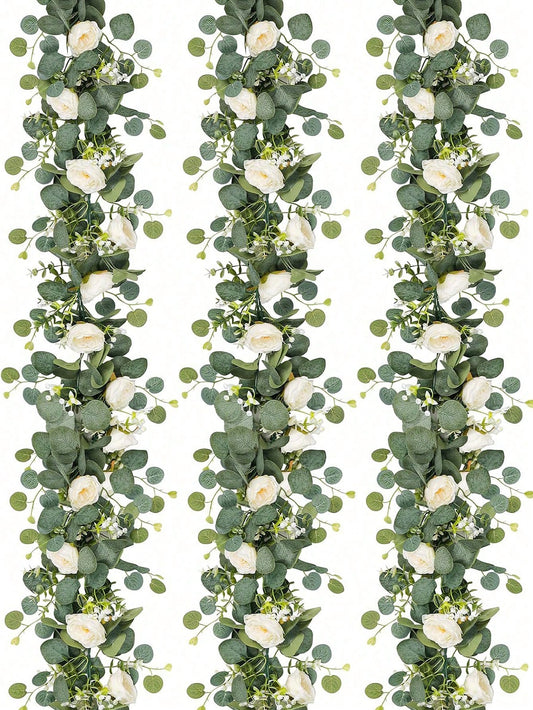69 Inch/5.74 Ft Artificial Eucalyptus Wreath With White Roses, Fake Rose Green Wreath Floral Garland, Suitable For Easter, Mother's Day Decor, Room Decor, Wedding Decor Party, Table Runner Decor, Ground Curtain Decor, Scene Decor, Home D