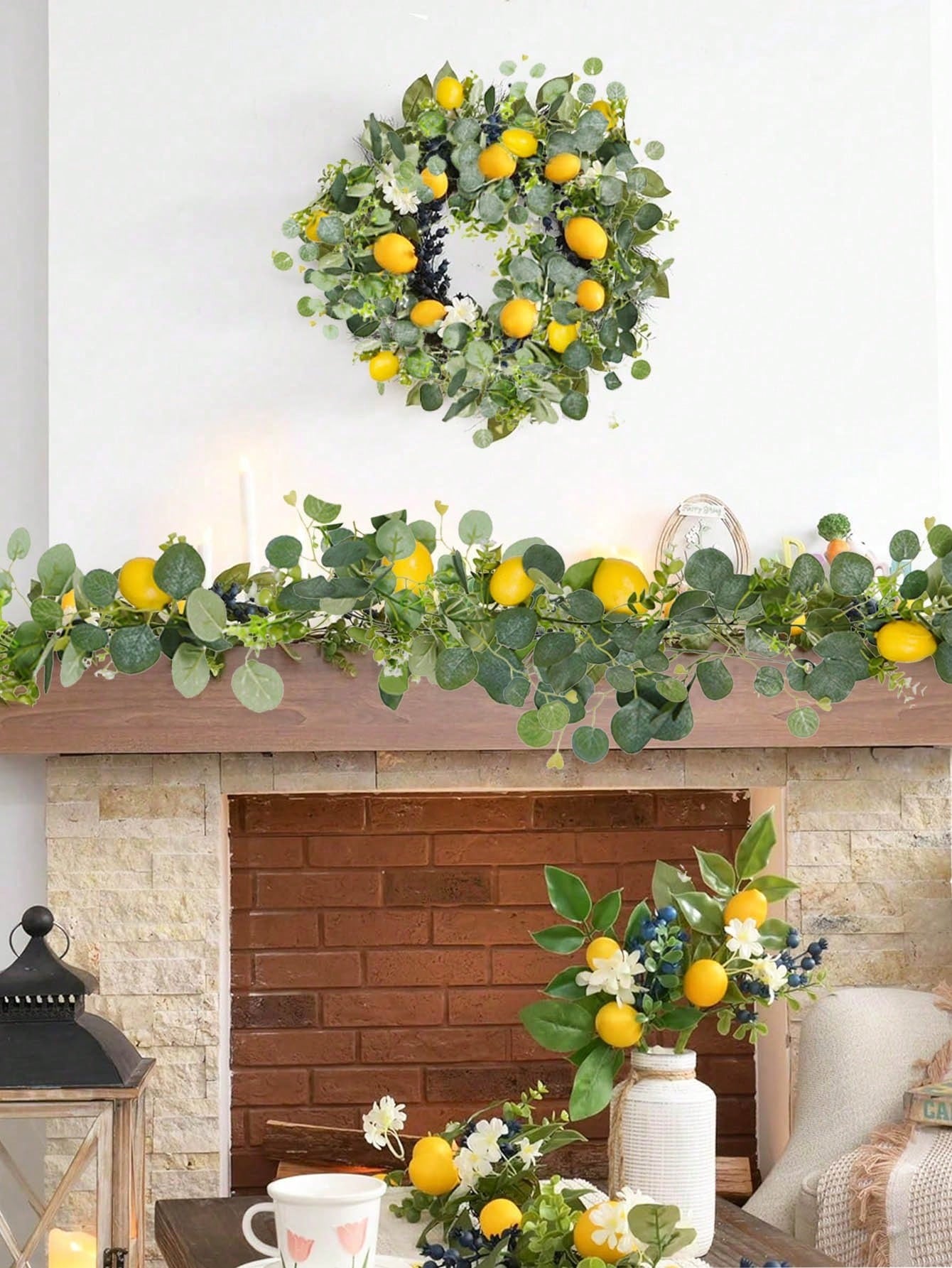 Artificial Green Eucalyptus Leaf Wreath, Polyresin Fake Lemon Garland, Hanging Evergreen Vines, Suitable For Summer Porch, Wall, Fireplace, Dining Table, Wedding, Garden, Farmhouse, Home Decoration, Room Decor,Fake Plants