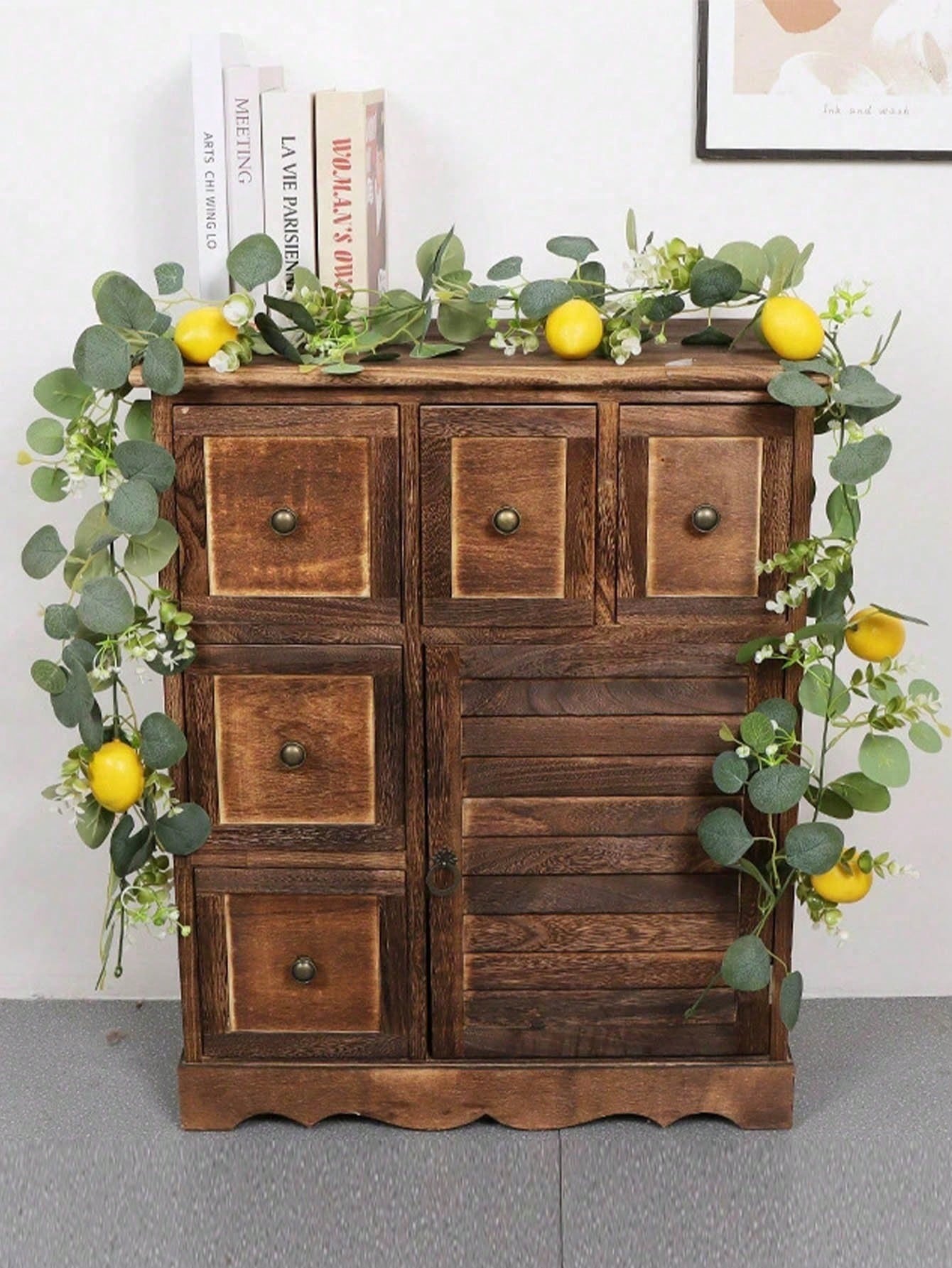 Artificial Green Eucalyptus Leaf Wreath, Polyresin Fake Lemon Garland, Hanging Evergreen Vines, Suitable For Summer Porch, Wall, Fireplace, Dining Table, Wedding, Garden, Farmhouse, Home Decoration, Room Decor,Fake Plants