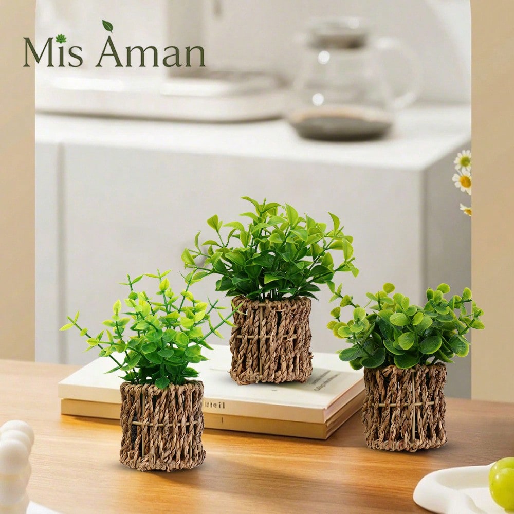Artificial Plants With Seagrass Handwoven Planters, Farmhouse Indoor Greenery, Plastic Eucalyptus Plants For Home Office Room Shelf Tabletop Desk Decor Or Gift