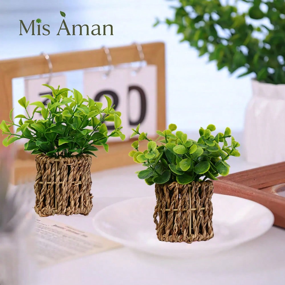 Artificial Plants With Seagrass Handwoven Planters, Farmhouse Indoor Greenery, Plastic Eucalyptus Plants For Home Office Room Shelf Tabletop Desk Decor Or Gift