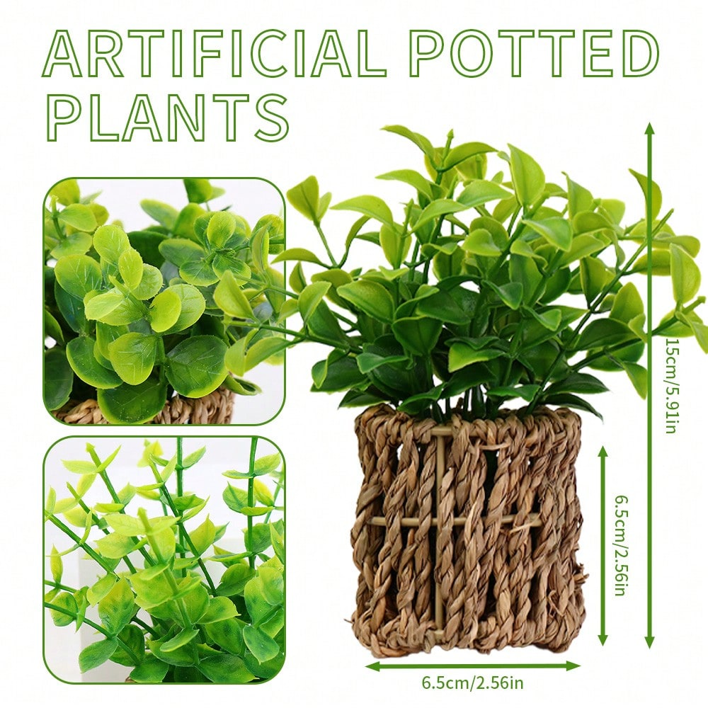 Artificial Plants With Seagrass Handwoven Planters, Farmhouse Indoor Greenery, Plastic Eucalyptus Plants For Home Office Room Shelf Tabletop Desk Decor Or Gift