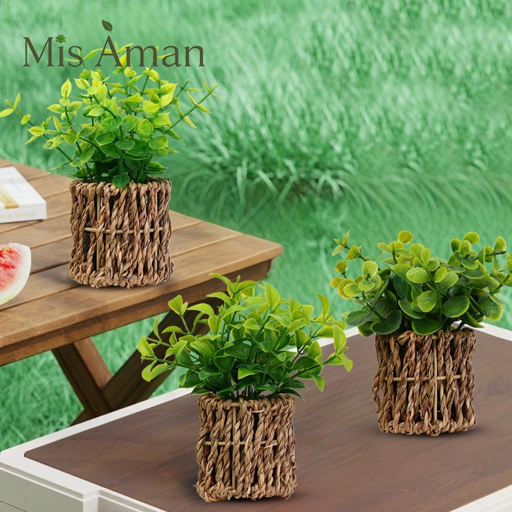 Artificial Plants With Seagrass Handwoven Planters, Farmhouse Indoor Greenery, Plastic Eucalyptus Plants For Home Office Room Shelf Tabletop Desk Decor Or Gift