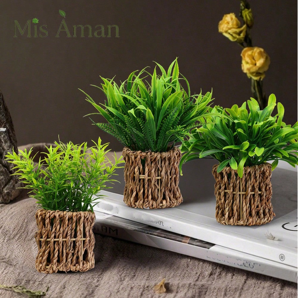 Artificial Plants With Seagrass Handwoven Planters, Farmhouse Indoor Greenery, Plastic Eucalyptus Plants For Home Office Room Shelf Tabletop Desk Decor Or Gift