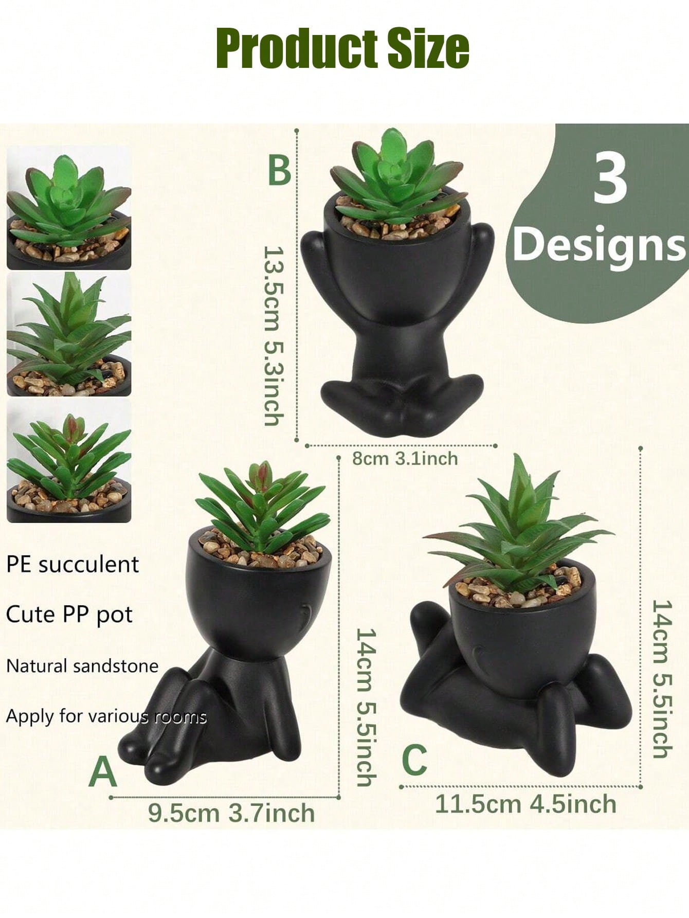 1pc/3pcs Artificial Succulent, Single Small Person Succulent Potted Plant, Three Shapes To Choose From, Black Vase, Cartoon Shape, PP Material, PE Material, Green, Table Decoration, Home Decoration, Garden Decoration, School, Dormitory, Office Decorate