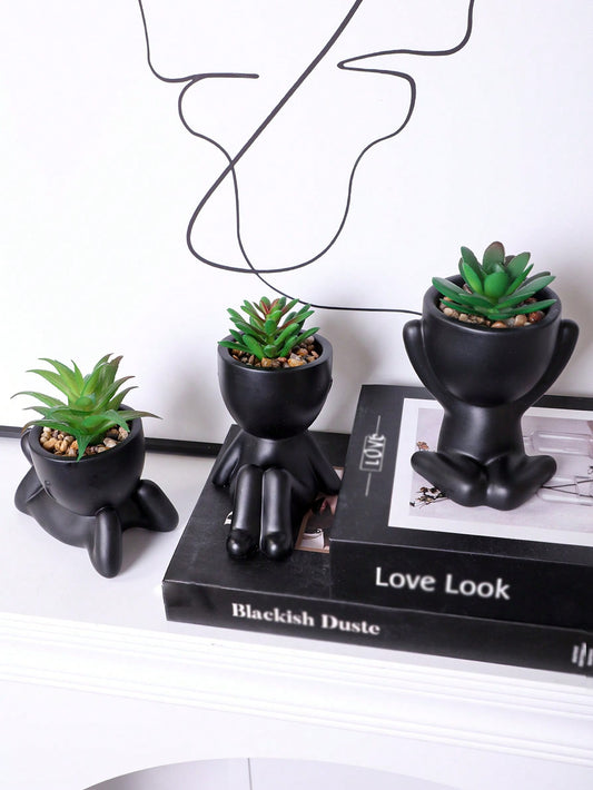 1pc/3pcs Artificial Succulent, Single Small Person Succulent Potted Plant, Three Shapes To Choose From, Black Vase, Cartoon Shape, PP Material, PE Material, Green, Table Decoration, Home Decoration, Garden Decoration, School, Dormitory, Office Decorate