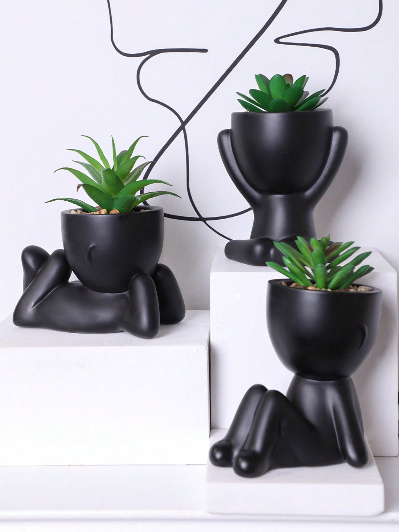 1pc/3pcs Artificial Succulent, Single Small Person Succulent Potted Plant, Three Shapes To Choose From, Black Vase, Cartoon Shape, PP Material, PE Material, Green, Table Decoration, Home Decoration, Garden Decoration, School, Dormitory, Office Decorate