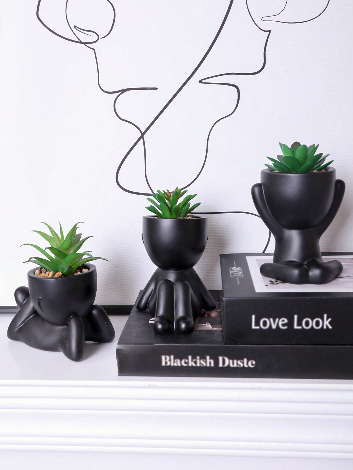 1pc/3pcs Artificial Succulent, Single Small Person Succulent Potted Plant, Three Shapes To Choose From, Black Vase, Cartoon Shape, PP Material, PE Material, Green, Table Decoration, Home Decoration, Garden Decoration, School, Dormitory, Office Decorate