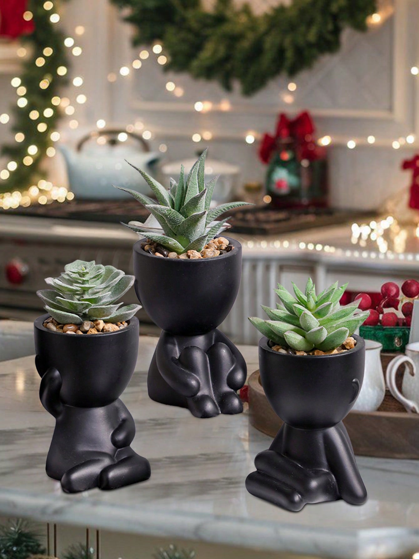 1pc/3pcs Artificial Succulent, Single Small Person Succulent Potted Plant, Three Shapes To Choose From, Black Vase, Cartoon Shape, PP Material, PE Material, Green, Table Decoration, Home Decoration, Garden Decoration, School, Dormitory, Office Decorate