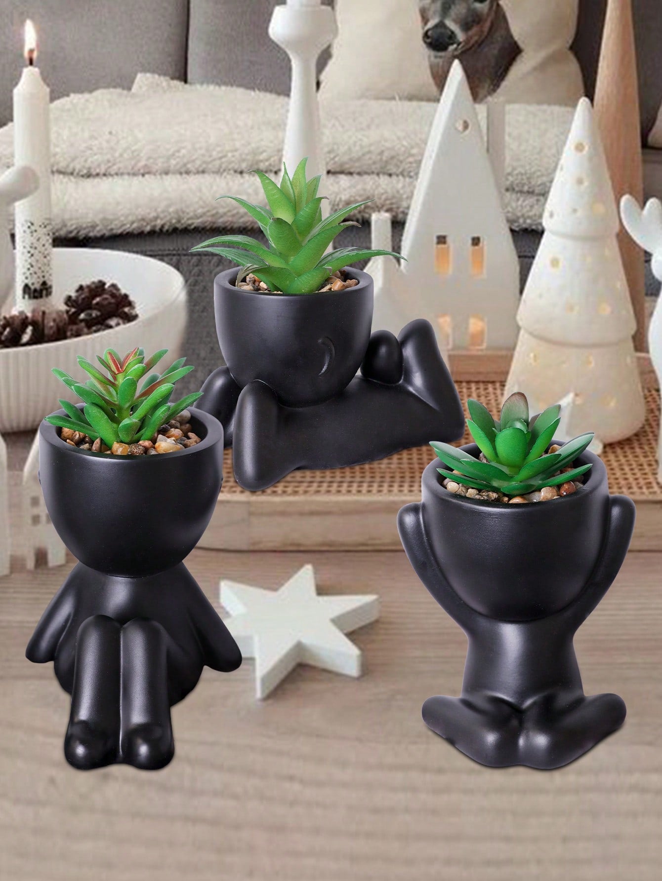 1pc/3pcs Artificial Succulent, Single Small Person Succulent Potted Plant, Three Shapes To Choose From, Black Vase, Cartoon Shape, PP Material, PE Material, Green, Table Decoration, Home Decoration, Garden Decoration, School, Dormitory, Office Decorate