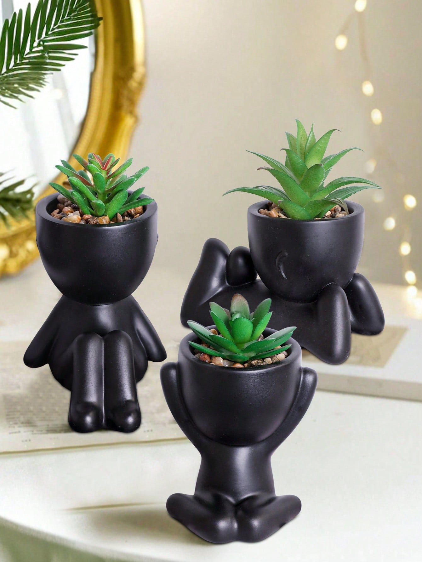 1pc/3pcs Artificial Succulent, Single Small Person Succulent Potted Plant, Three Shapes To Choose From, Black Vase, Cartoon Shape, PP Material, PE Material, Green, Table Decoration, Home Decoration, Garden Decoration, School, Dormitory, Office Decorate