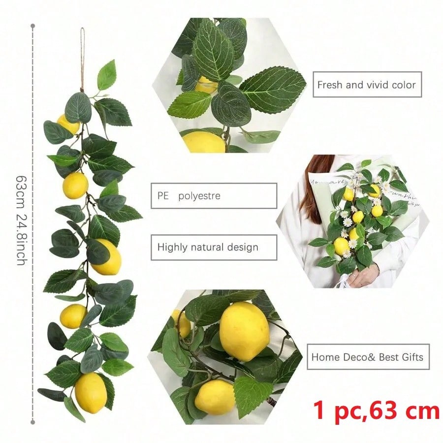 Artificial Lemon Rattan With Green Leaves, Polyester Fibre Material, 63cm/24.8inch,Artificial Plant,Artificial Flower,Room,Desk,Garden Decor,Room Decoration Stuff,Restaurant Decor,Four Seasons Decor,Wedding Season Decor,Graduation Season,Home Decorat