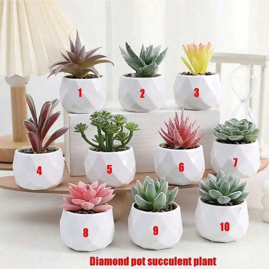 Artificial Plush Succulent Diamond Pattern Small White Pot Plant Potted Decoration Simulation Flower Desktop Ornament Mini Potted Landscape Green Plant Home Decor Party Decorations