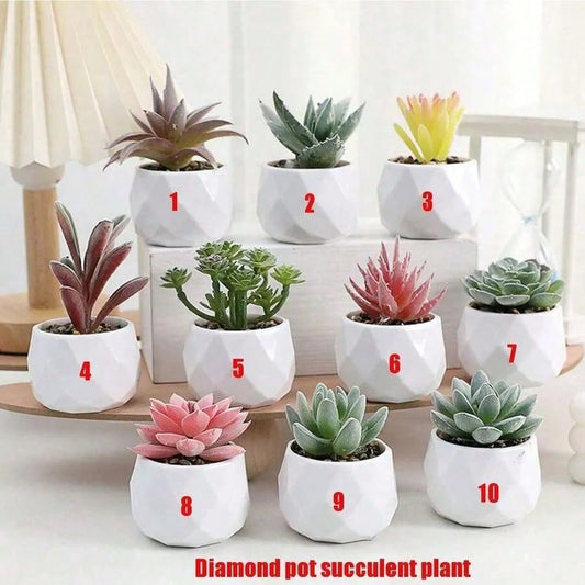 Artificial Plush Succulent Diamond Pattern Small White Pot Plant Potted Decoration Simulation Flower Desktop Ornament Mini Potted Landscape Green Plant Home Decor Party Decorations