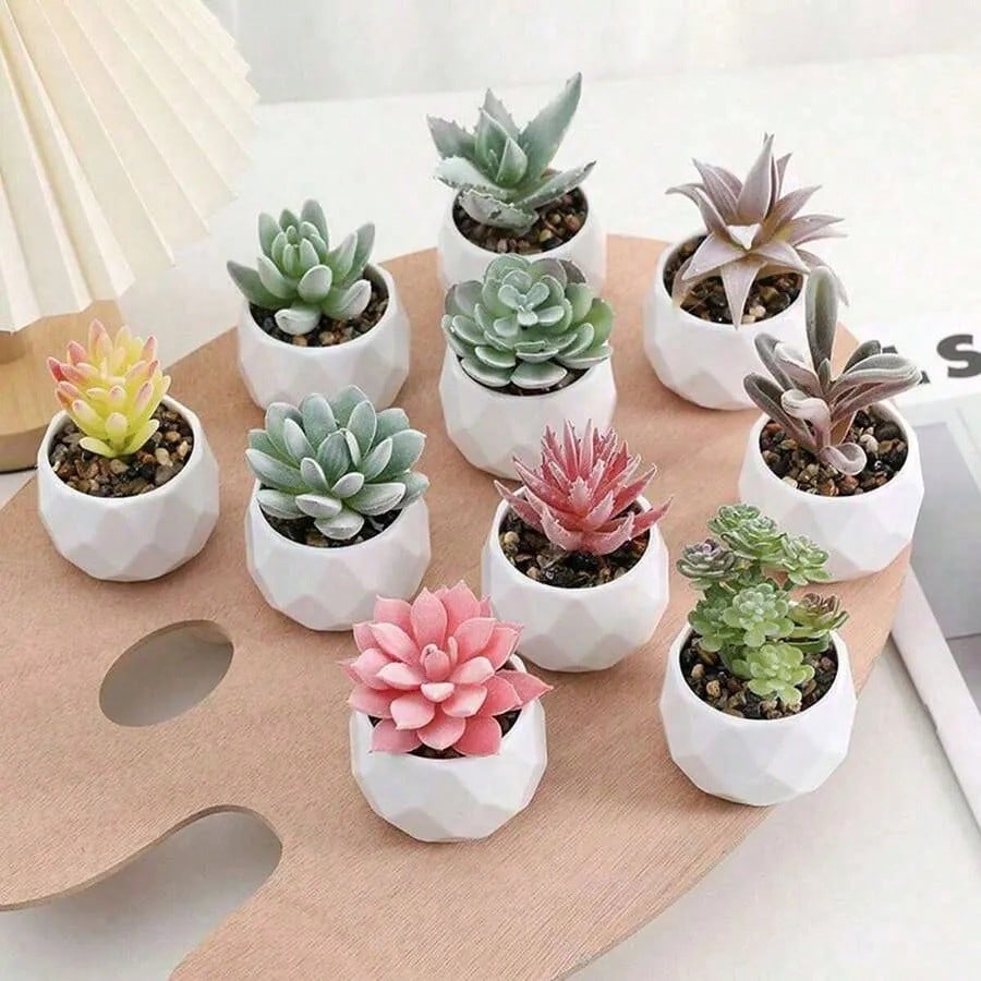 succulent birthday decorations Artificial Plush Succulent Diamond Pattern Small White Pot Plant Potte – BestarGift