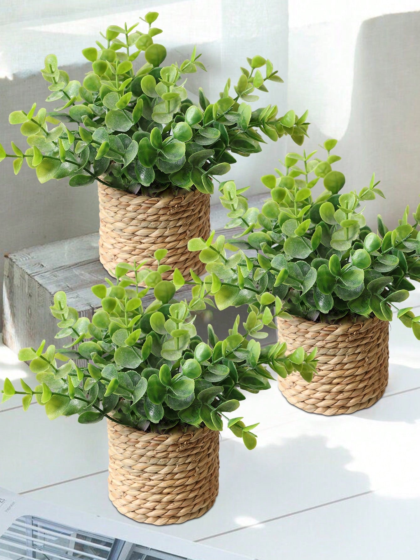 Artificial Wicker Plant Pot, Large Size, Eucalyptus Leaf Grass Mound Realistic Plant Model, Seagrass Rope Trim, Gift, Artificial Plant, Grass Mound, Green, PE Material, Polyester Fibre Material, Wedding Season, Graduation Season Decorations, Four-Season D