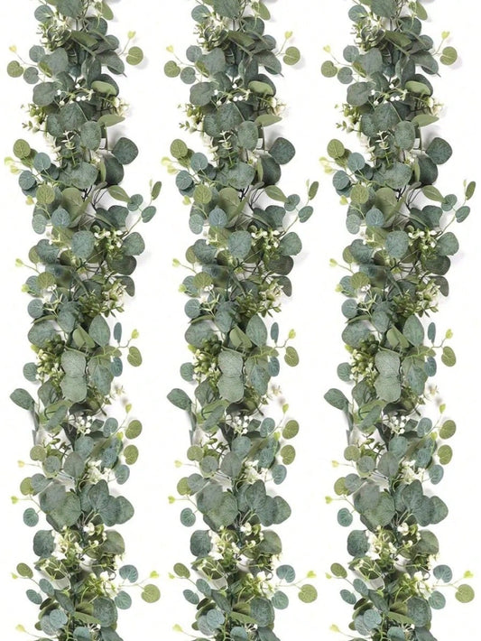 70 Inch/5.9 Ft Artificial Eucalyptus Wreath With Baby's Breath, Fake Gypsophila Garland Green Floral Vine, For Easter, Mother's Day Decoration, Room, Bedroom, Wedding, Party, Table Runner, Curtain, Bathroom, Home Decor
