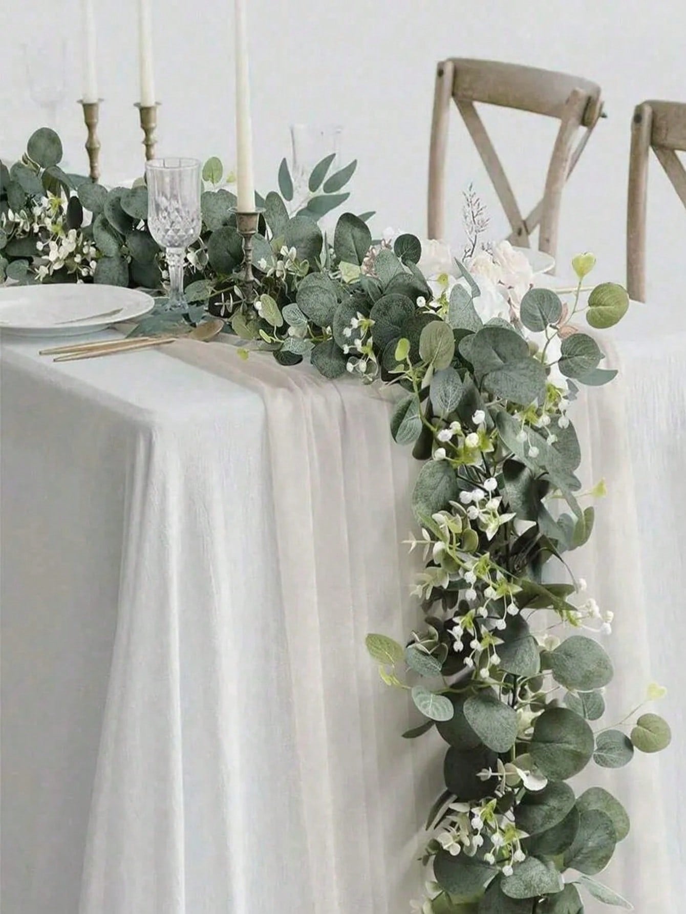 70 Inch/5.9 Ft Artificial Eucalyptus Wreath With Baby's Breath, Fake Gypsophila Garland Green Floral Vine, For Easter, Mother's Day Decoration, Room, Bedroom, Wedding, Party, Table Runner, Curtain, Bathroom, Home Decor