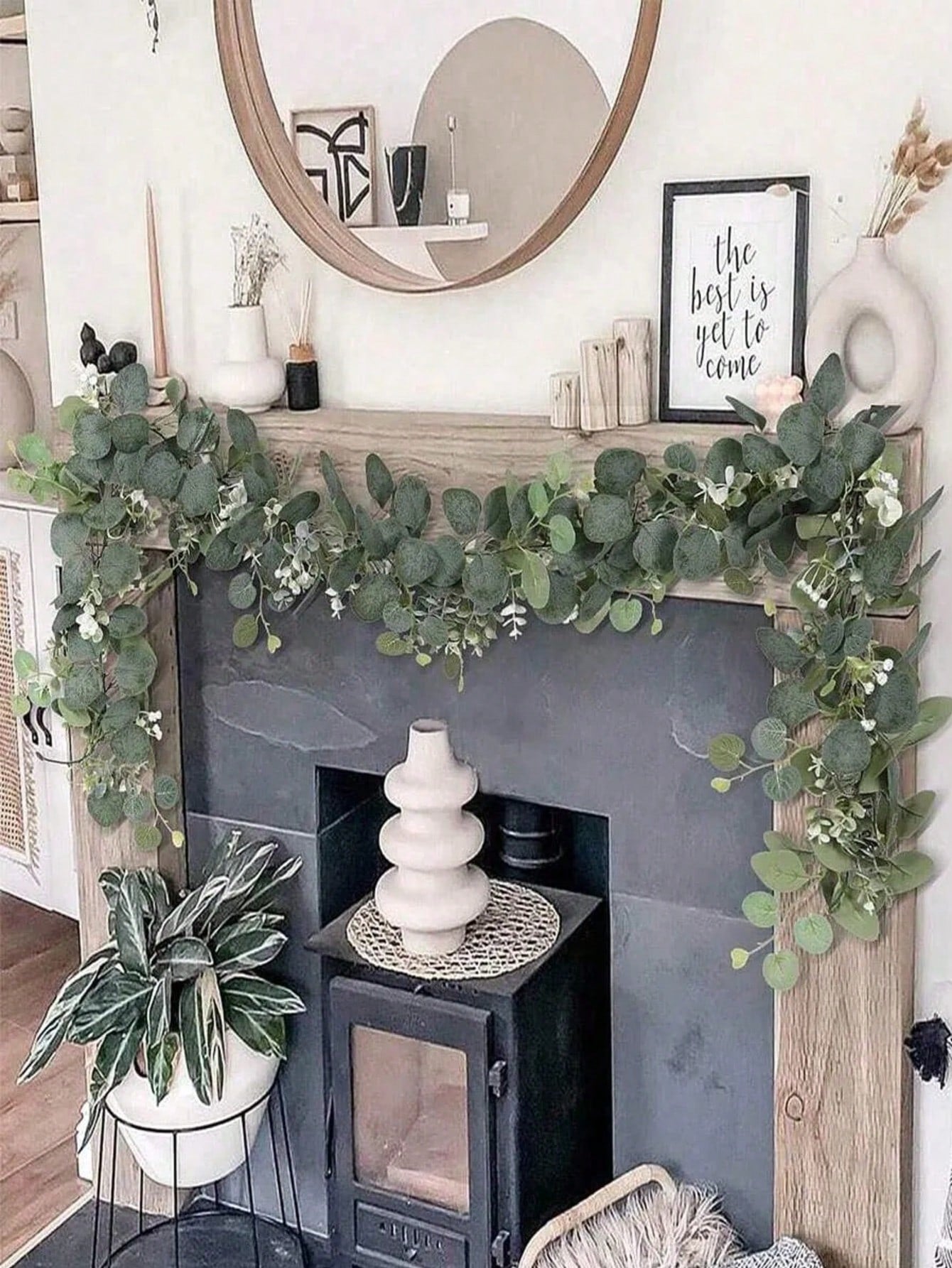 70 Inch/5.9 Ft Artificial Eucalyptus Wreath With Baby's Breath, Fake Gypsophila Garland Green Floral Vine, For Easter, Mother's Day Decoration, Room, Bedroom, Wedding, Party, Table Runner, Curtain, Bathroom, Home Decor