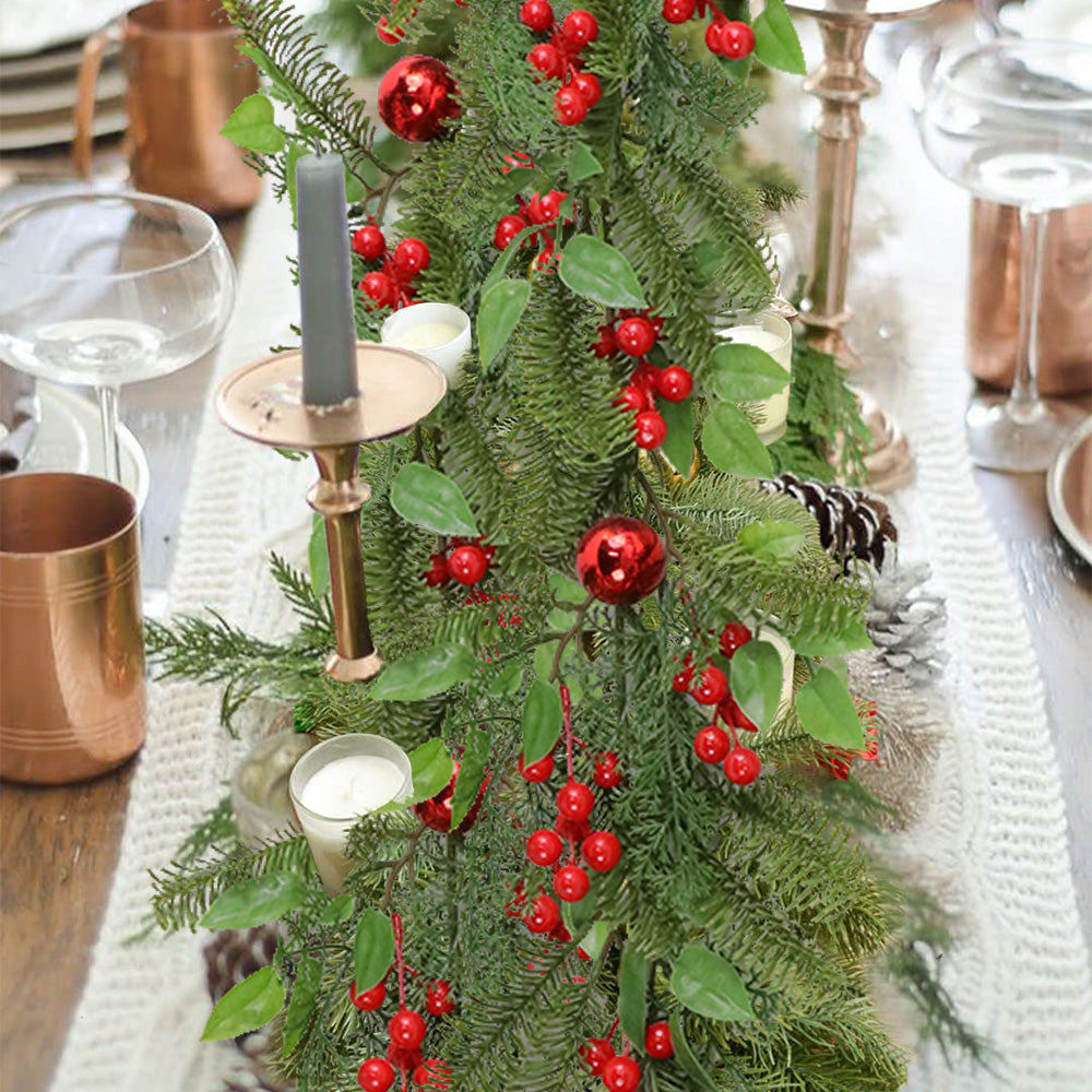 Christmas Wreath & Vine Imitation Frosted Pine Needles with Red Berries, Suitable for Indoor and Outdoor Fireplace, Door and Wall Holiday Party Decorations