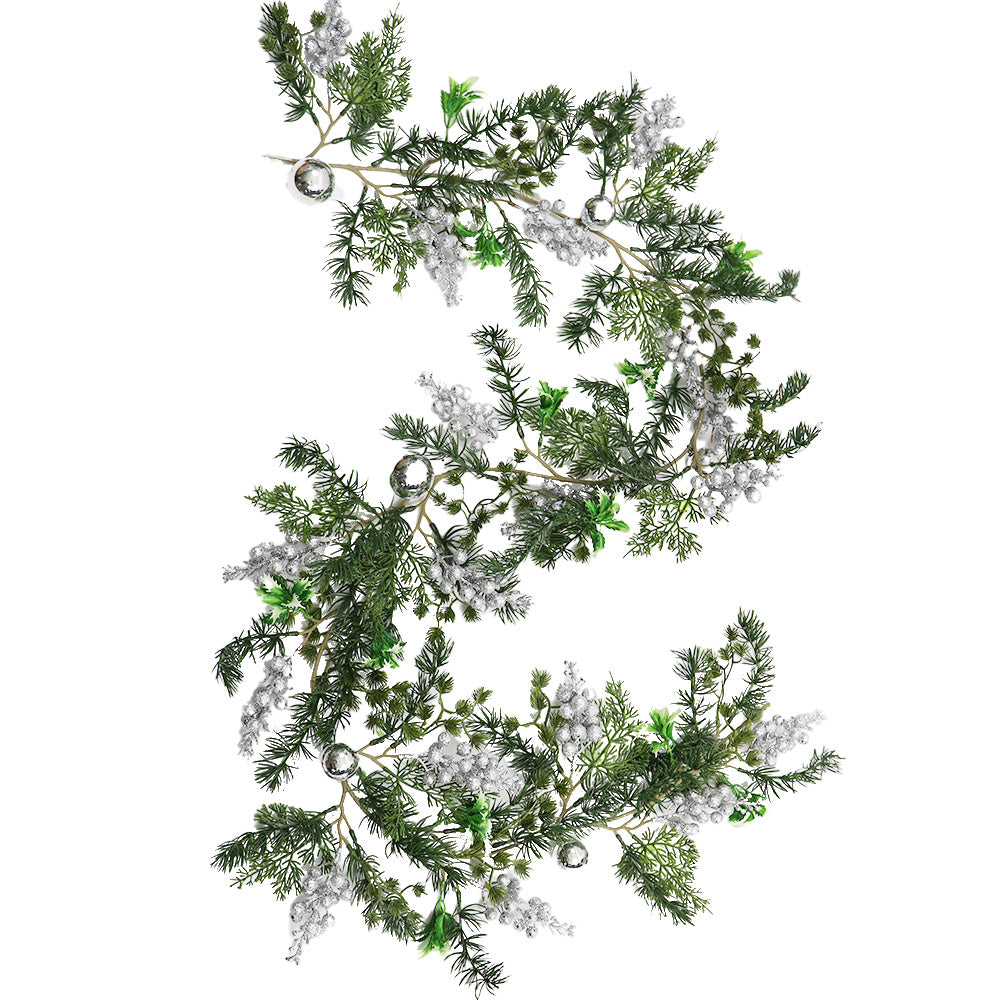 Christmas Wreath & Vine Set, Imitation Frosted Pine Needles with Silver Berries, Suitable for Indoor and Outdoor Fireplace, Door and Wall Holiday Party Decorations