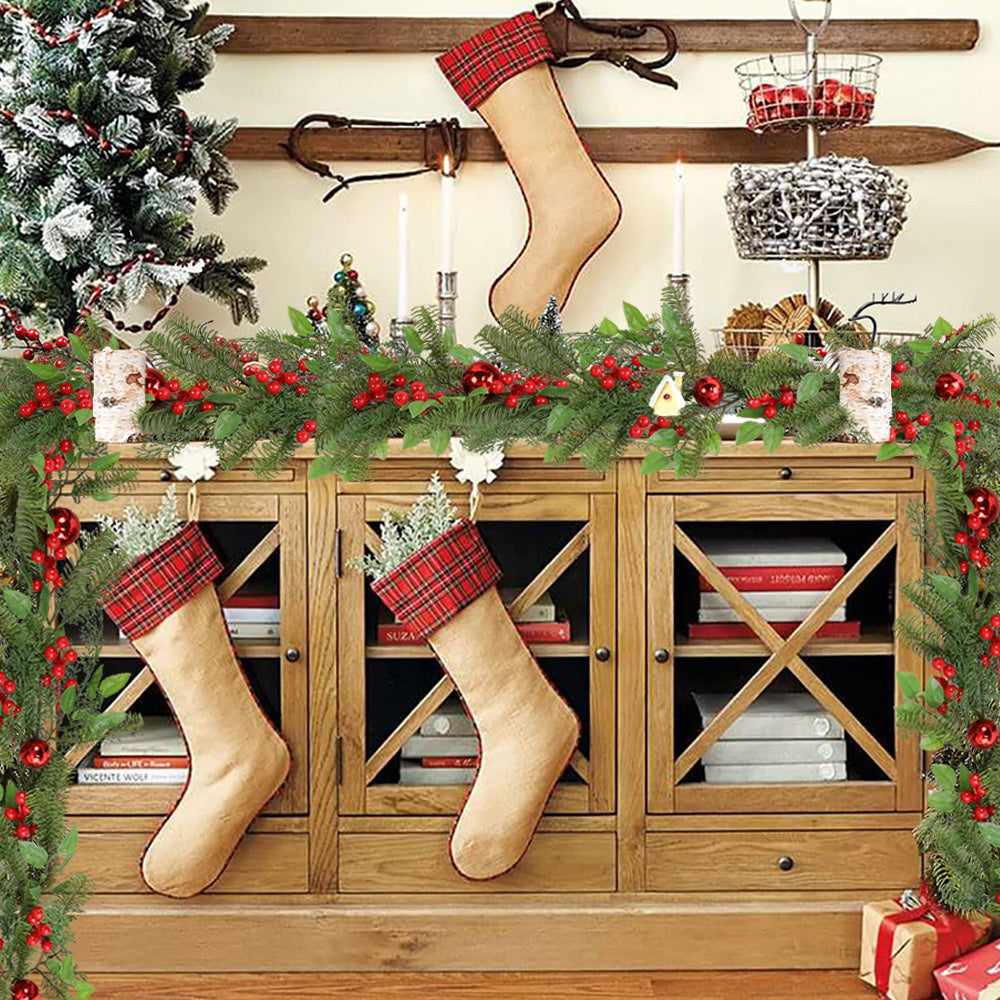 Christmas Wreath & Vine Imitation Frosted Pine Needles with Red Berries, Suitable for Indoor and Outdoor Fireplace, Door and Wall Holiday Party Decorations