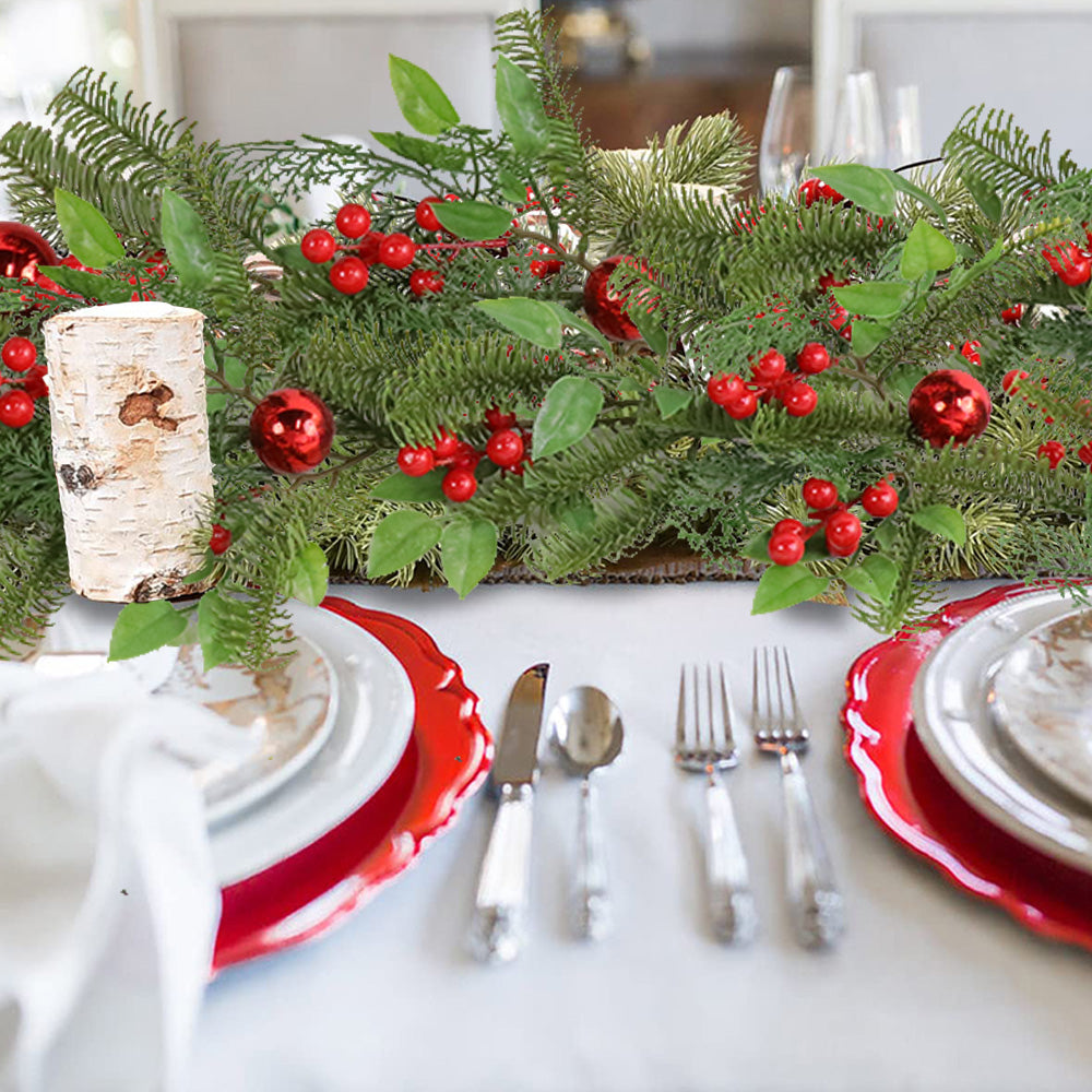 Christmas Wreath & Vine Imitation Frosted Pine Needles with Red Berries, Suitable for Indoor and Outdoor Fireplace, Door and Wall Holiday Party Decorations