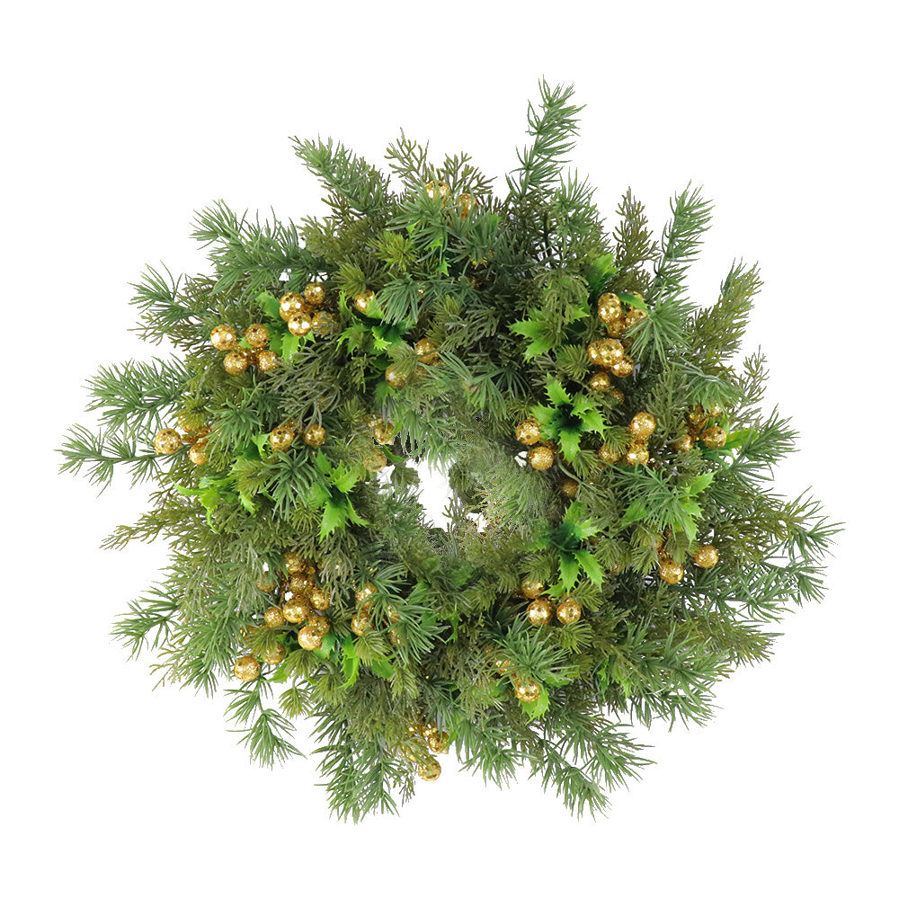 Christmas Wreath & Vine Set, Imitation Frosted Pine Needles with Golden Berries, Suitable for Indoor and Outdoor Fireplace, Door and Wall Holiday Party Decorations