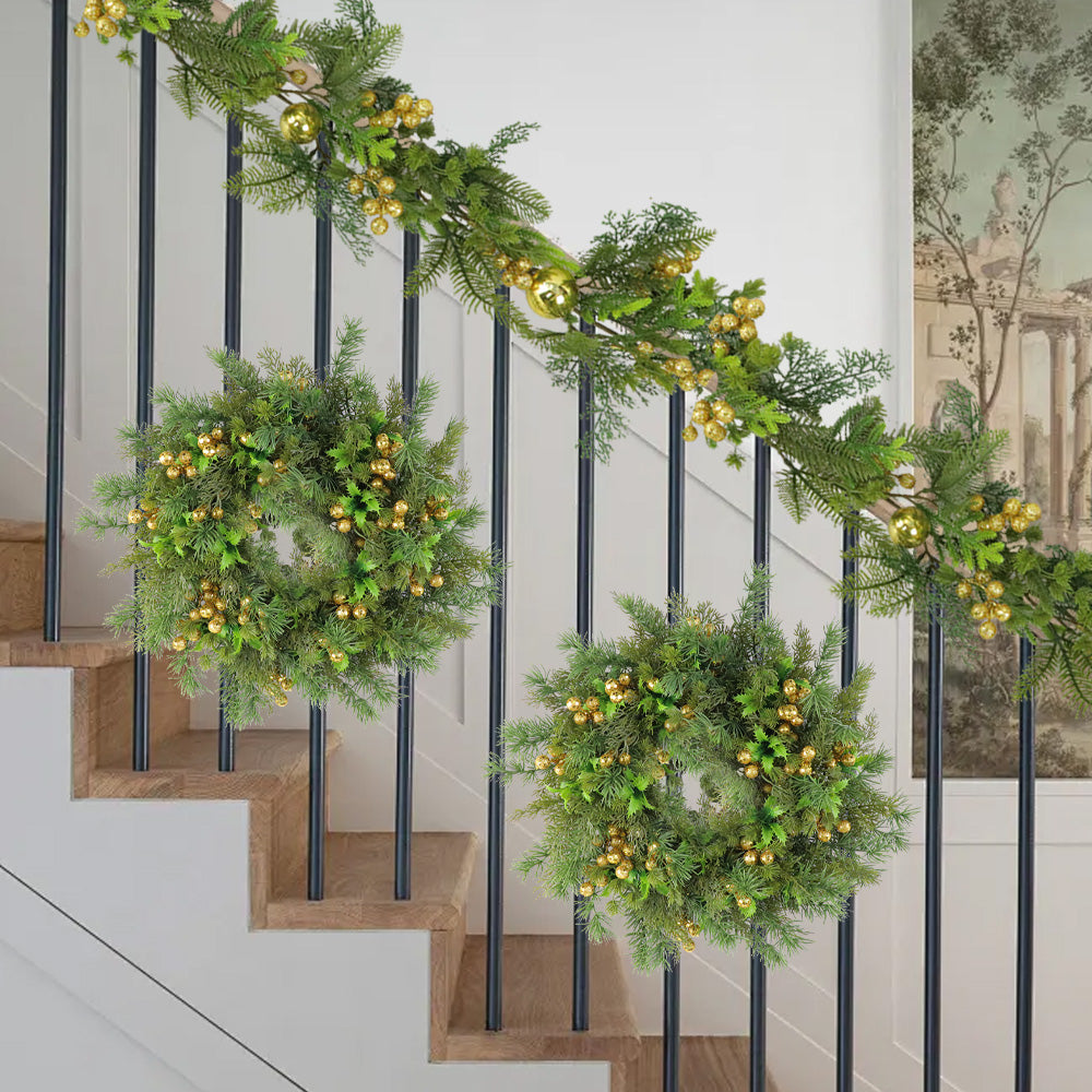 Christmas Wreath & Vine Set, Imitation Frosted Pine Needles with Golden Berries, Suitable for Indoor and Outdoor Fireplace, Door and Wall Holiday Party Decorations