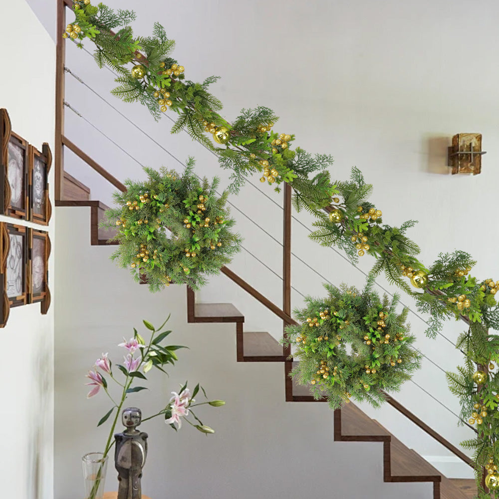 Christmas Wreath & Vine Set, Imitation Frosted Pine Needles with Golden Berries, Suitable for Indoor and Outdoor Fireplace, Door and Wall Holiday Party Decorations