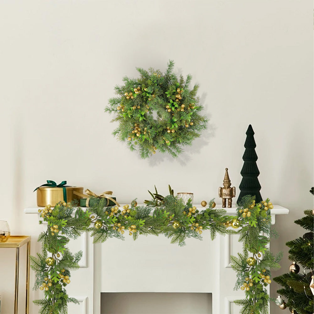 Christmas Wreath & Vine Set, Imitation Frosted Pine Needles with Golden Berries, Suitable for Indoor and Outdoor Fireplace, Door and Wall Holiday Party Decorations