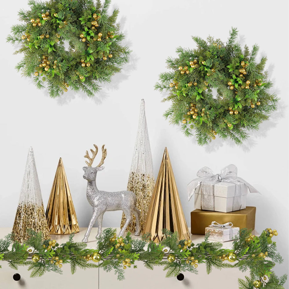 Christmas Wreath & Vine Set, Imitation Frosted Pine Needles with Golden Berries, Suitable for Indoor and Outdoor Fireplace, Door and Wall Holiday Party Decorations