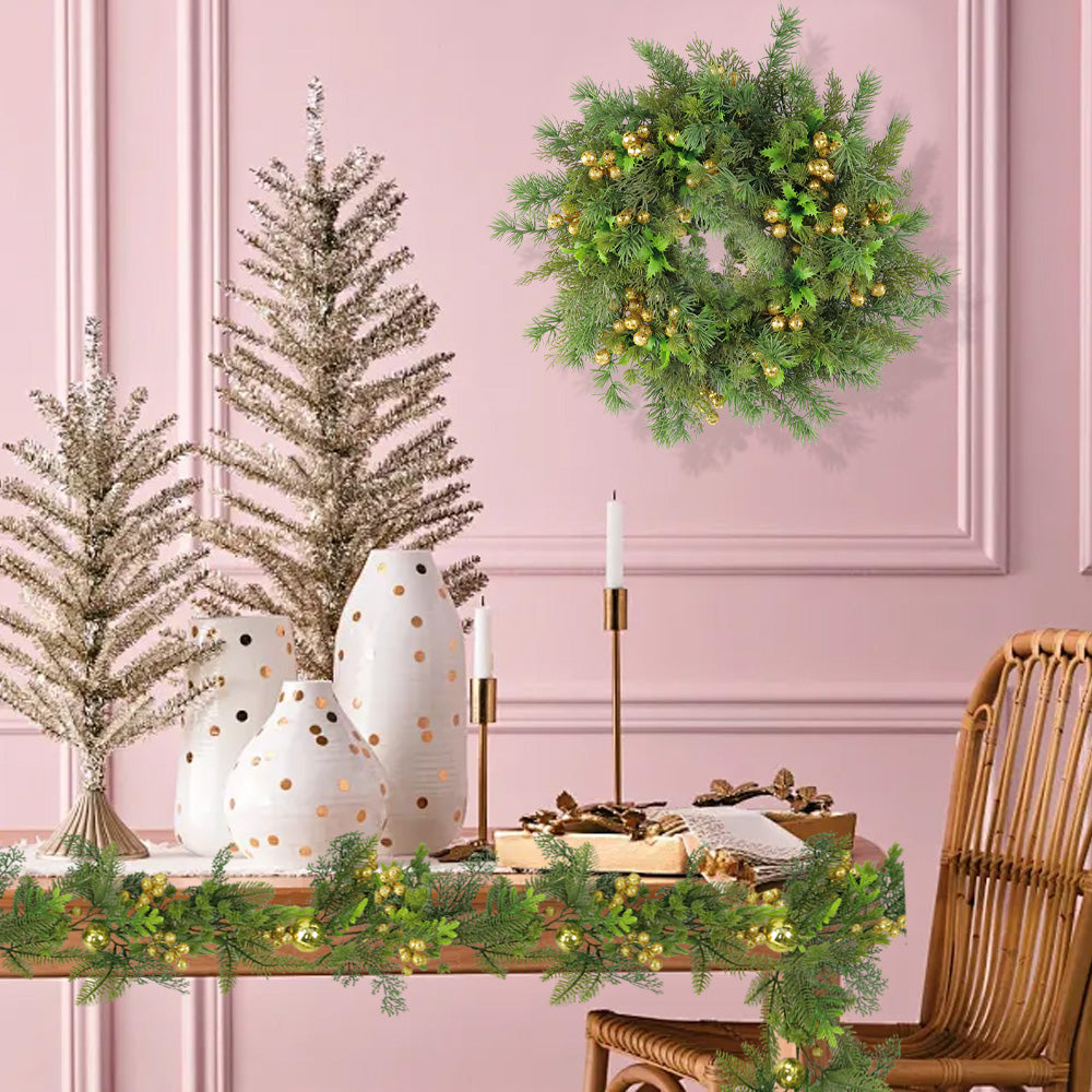 Christmas Wreath & Vine Set, Imitation Frosted Pine Needles with Golden Berries, Suitable for Indoor and Outdoor Fireplace, Door and Wall Holiday Party Decorations