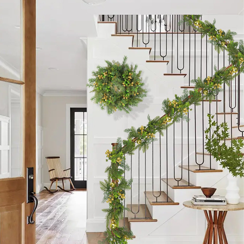 Christmas Wreath & Vine Set, Imitation Frosted Pine Needles with Golden Berries, Suitable for Indoor and Outdoor Fireplace, Door and Wall Holiday Party Decorations