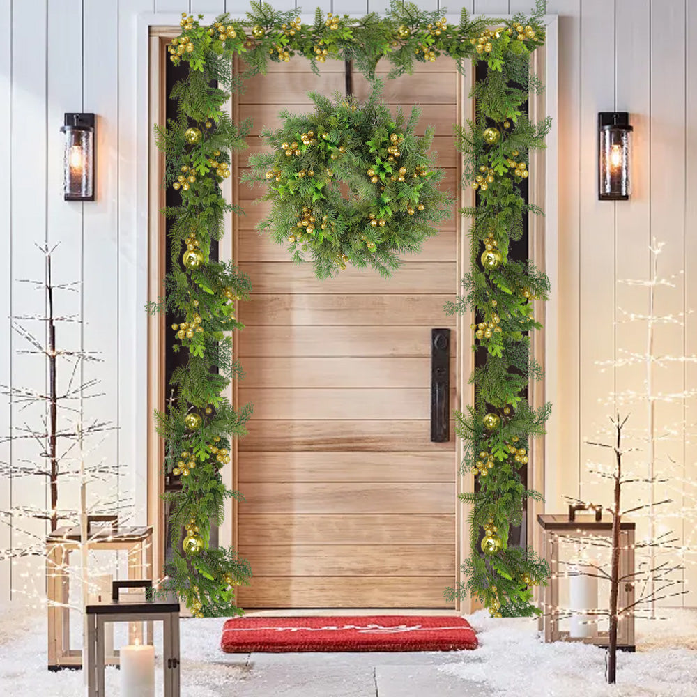 Christmas Wreath & Vine Set, Imitation Frosted Pine Needles with Golden Berries, Suitable for Indoor and Outdoor Fireplace, Door and Wall Holiday Party Decorations