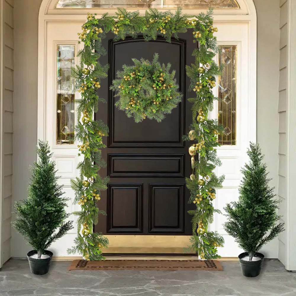 Christmas Wreath & Vine Set, Imitation Frosted Pine Needles with Golden Berries, Suitable for Indoor and Outdoor Fireplace, Door and Wall Holiday Party Decorations