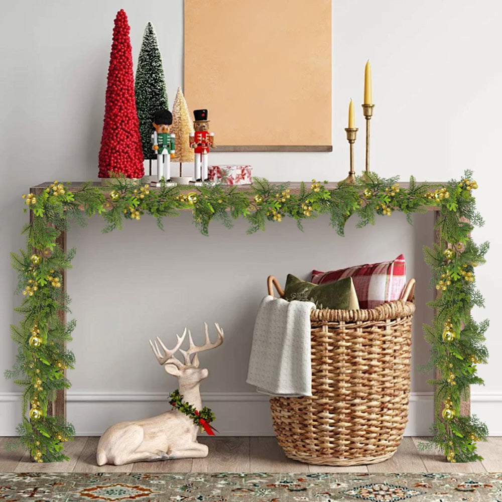 Christmas Wreath & Vine Set, Imitation Frosted Pine Needles with Golden Berries, Suitable for Indoor and Outdoor Fireplace, Door and Wall Holiday Party Decorations