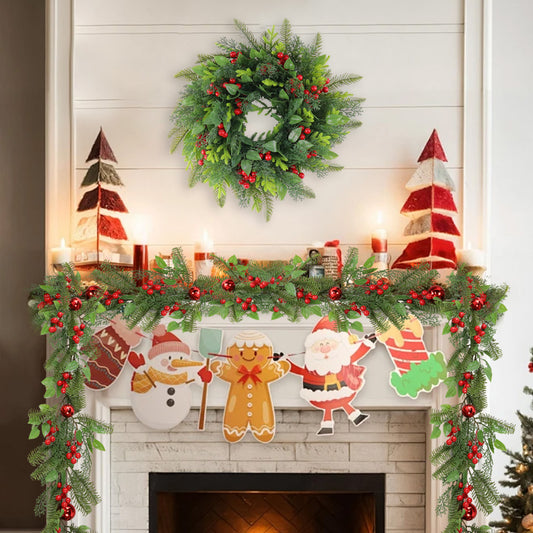 Christmas Wreath & Vine Imitation Frosted Pine Needles with Red Berries, Suitable for Indoor and Outdoor Fireplace, Door and Wall Holiday Party Decorations