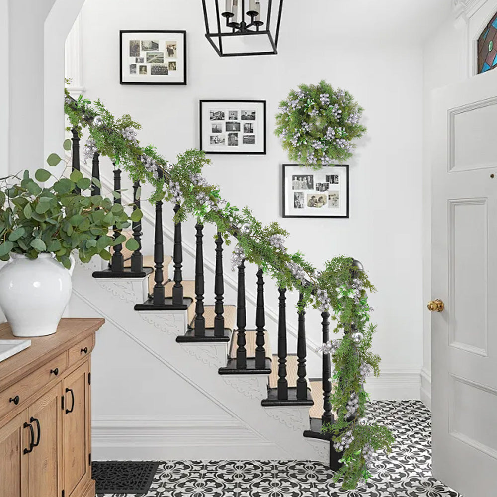 Christmas Wreath & Vine Set, Imitation Frosted Pine Needles with Silver Berries, Suitable for Indoor and Outdoor Fireplace, Door and Wall Holiday Party Decorations