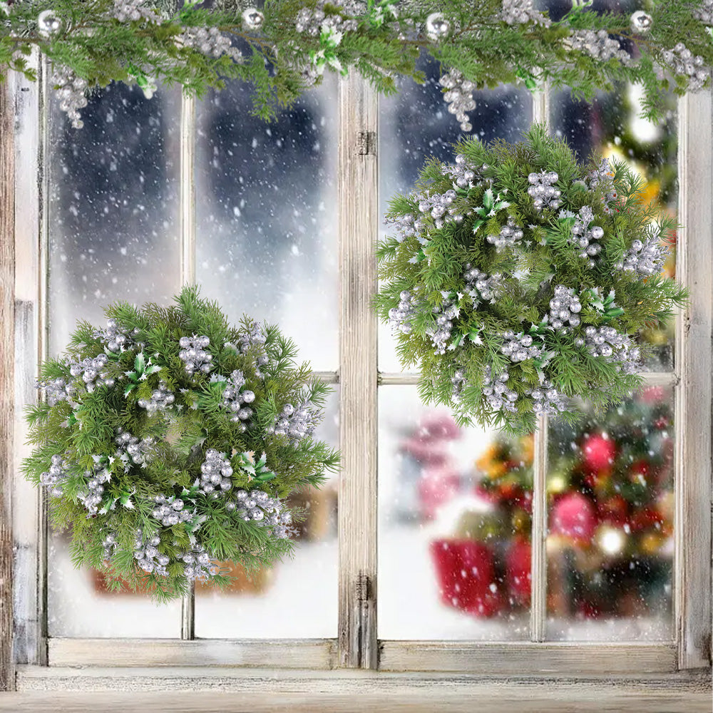Christmas Wreath & Vine Set, Imitation Frosted Pine Needles with Silver Berries, Suitable for Indoor and Outdoor Fireplace, Door and Wall Holiday Party Decorations